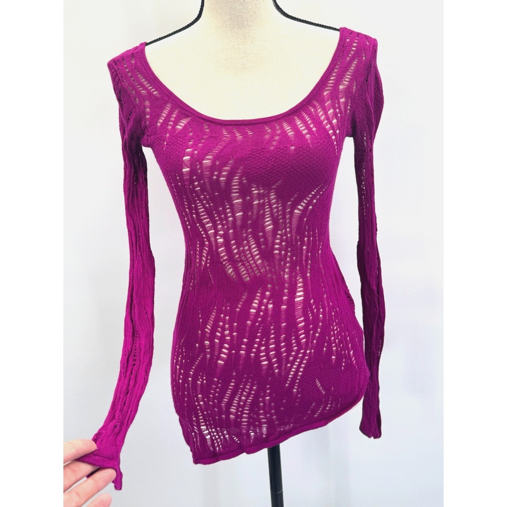 Retro Y2K Whimsigoth Express Fuschia Open Knit Asymmetrical Sweater Slim Fit S